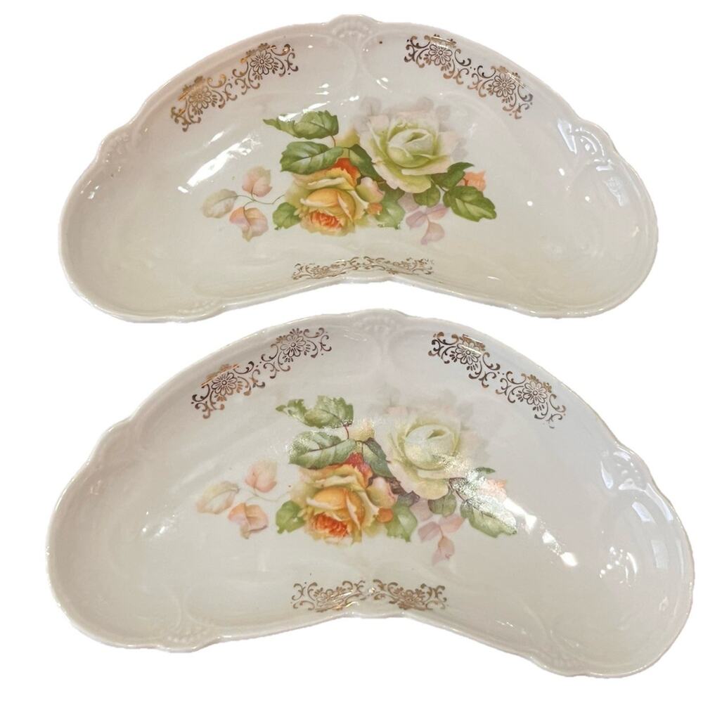 Vintage German Crescent Dish Bone Dish Set of 2 Yellow Roses Floral